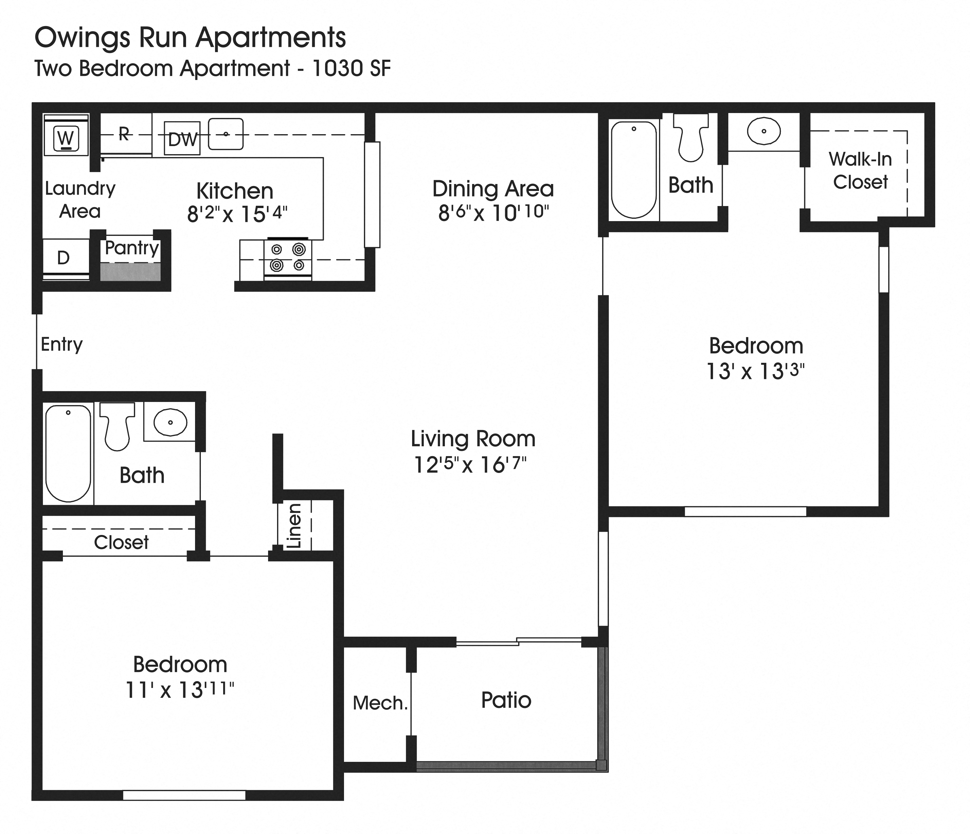 Floor plan for 2 beds, 2 baths, 1030 sqft